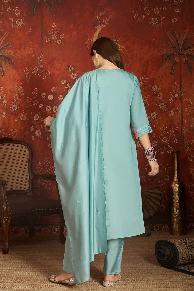 Blue Floral Embroidered Silk Straight Cut Suit (ACA9376)