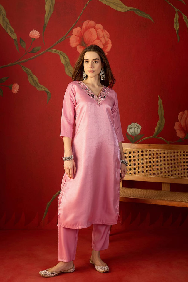 Pink Floral Embroidered Silk Straight Cut Suit (ACA9377)