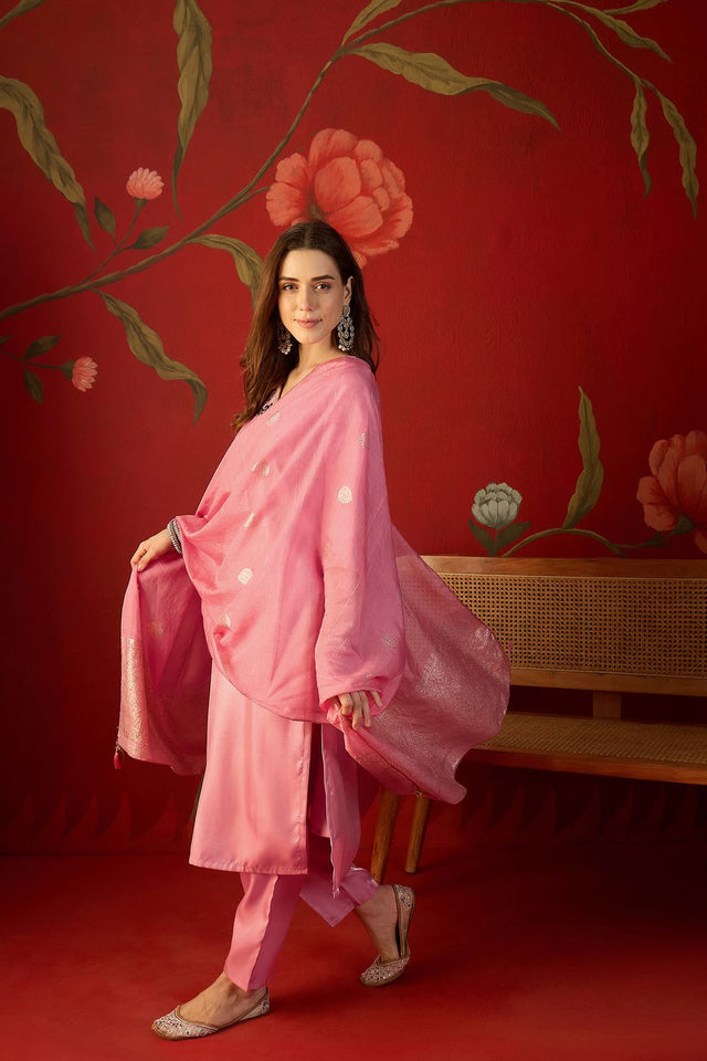 Pink Floral Embroidered Silk Straight Cut Suit (ACA9377)