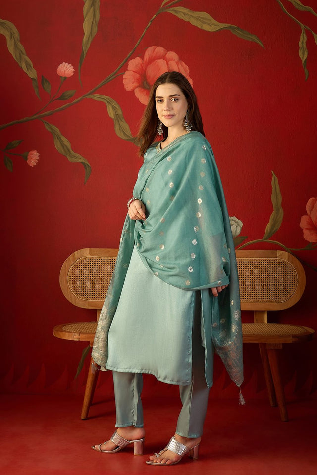 Blue Floral Embroidered Silk Straight Cut Suit (ACA9378)