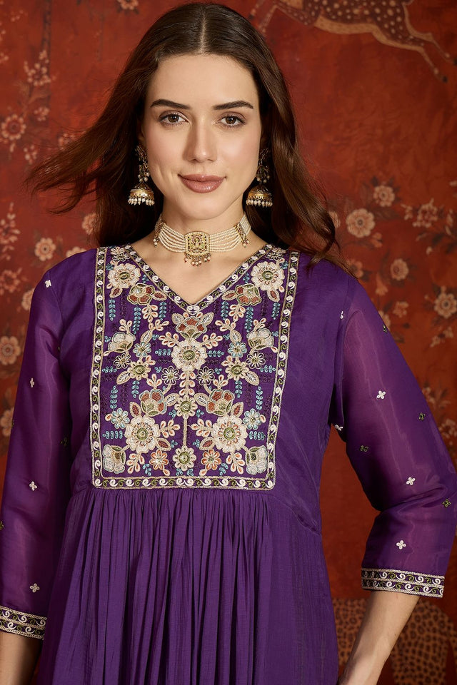 Purple Floral Embroidered Chanderi Anarkali Suit (ACA9382)