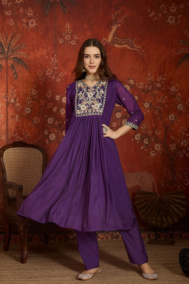 Purple Floral Embroidered Chanderi Anarkali Suit (ACA9382)