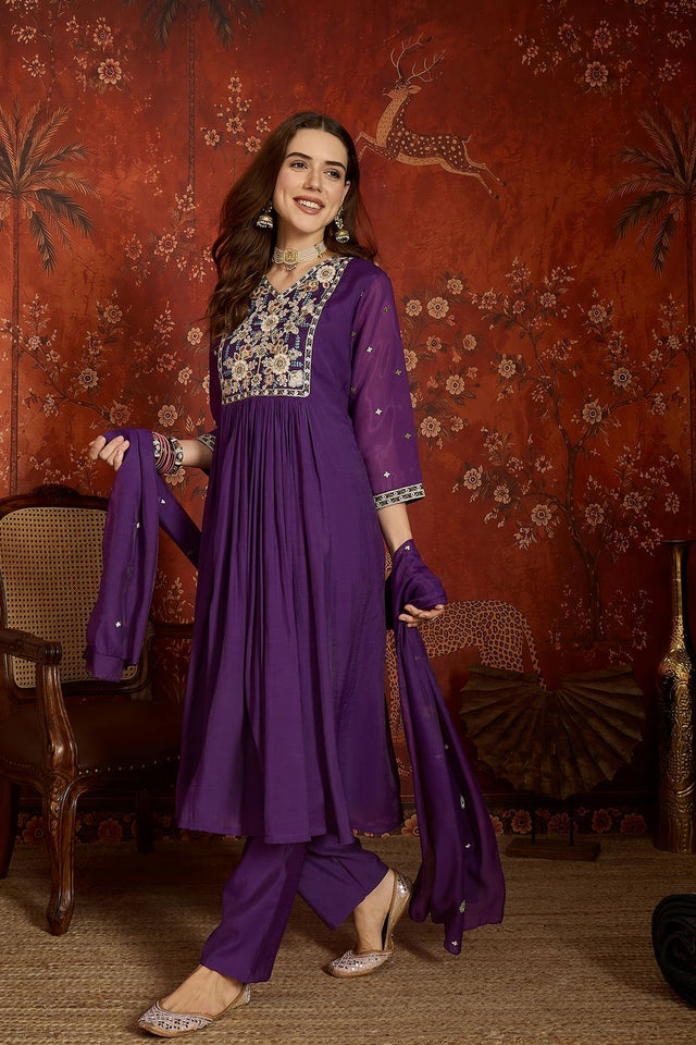 Purple Floral Embroidered Chanderi Anarkali Suit (ACA9382)