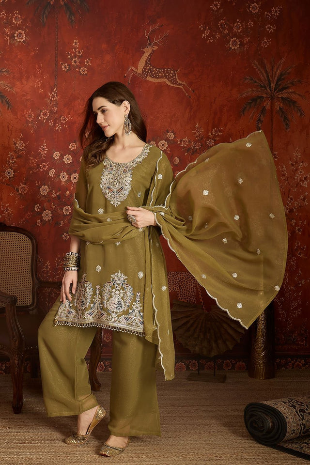 Mehendi Sequin with Embroidered Shimmer Palazzo Suit (ACA9384)