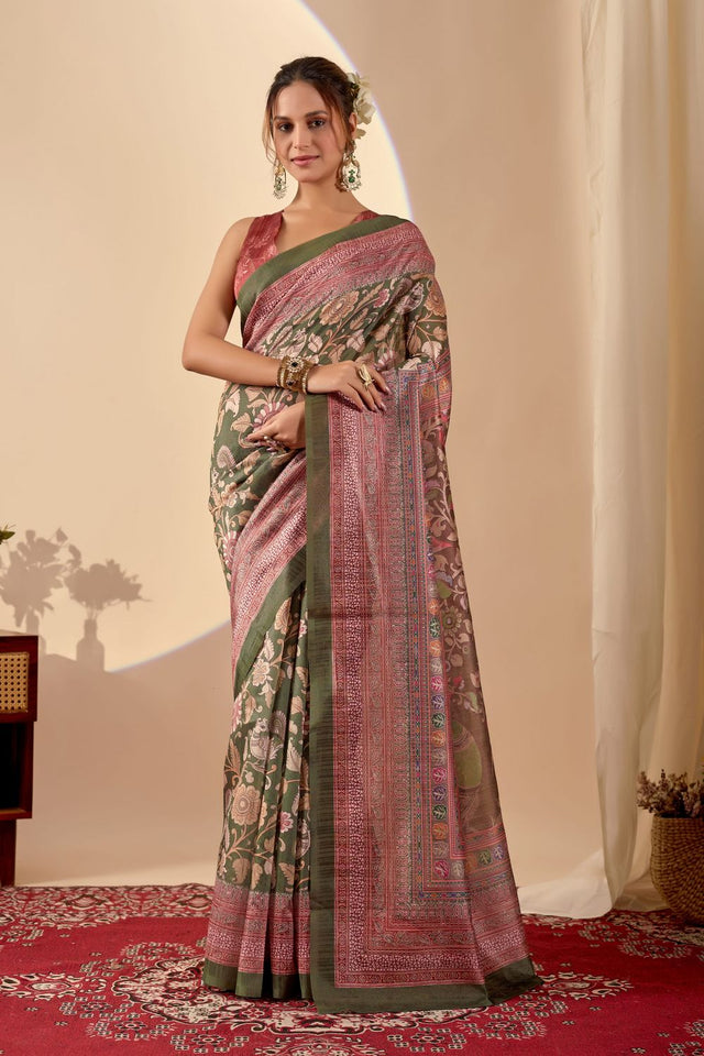 Green Printed Silk Ready to Wear Saree (ACA9385)