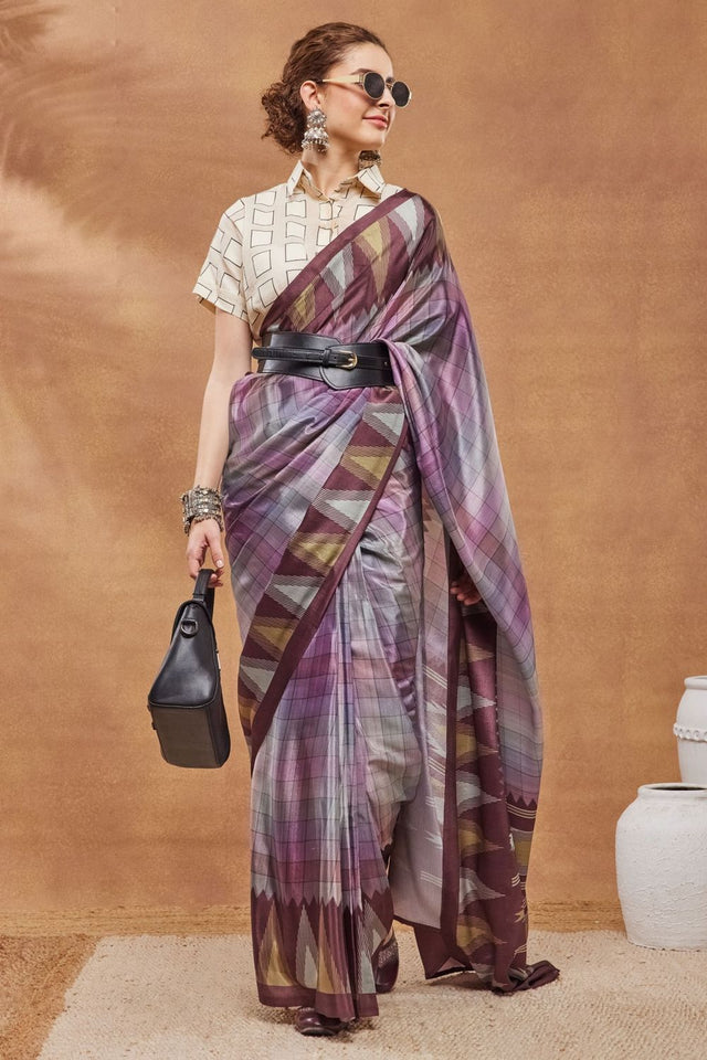 Purple Printed Satin Ready to Wear Saree (ACA9387)