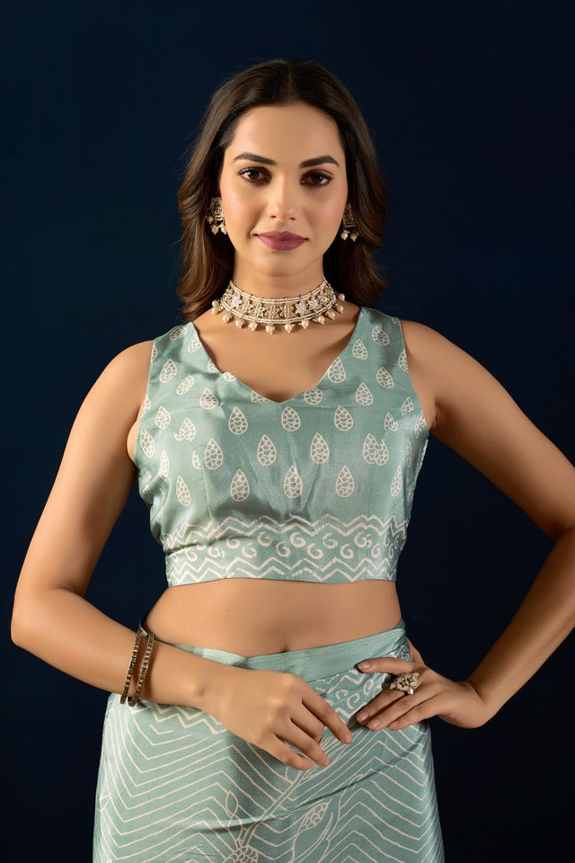 Blue Printed Crepe Ready to Wear Saree (ACA9391)