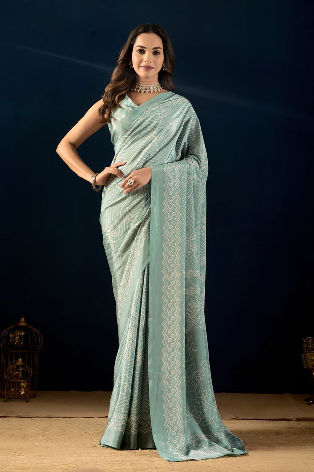 Blue Printed Crepe Ready to Wear Saree (ACA9391)