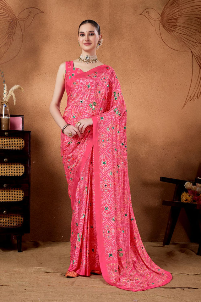 Pink Printed Satin Ready to Wear Saree (ACA9393)