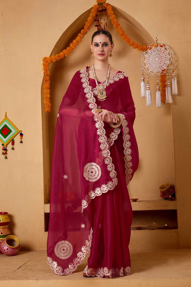 Red Mirror Work Tissue Ready to Wear Saree (ACA9394)