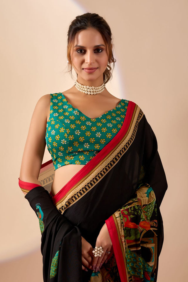 Black Printed Georgette Ready to Wear Saree (ACA9395)