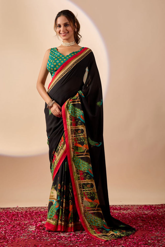 Black Printed Georgette Ready to Wear Saree (ACA9395)