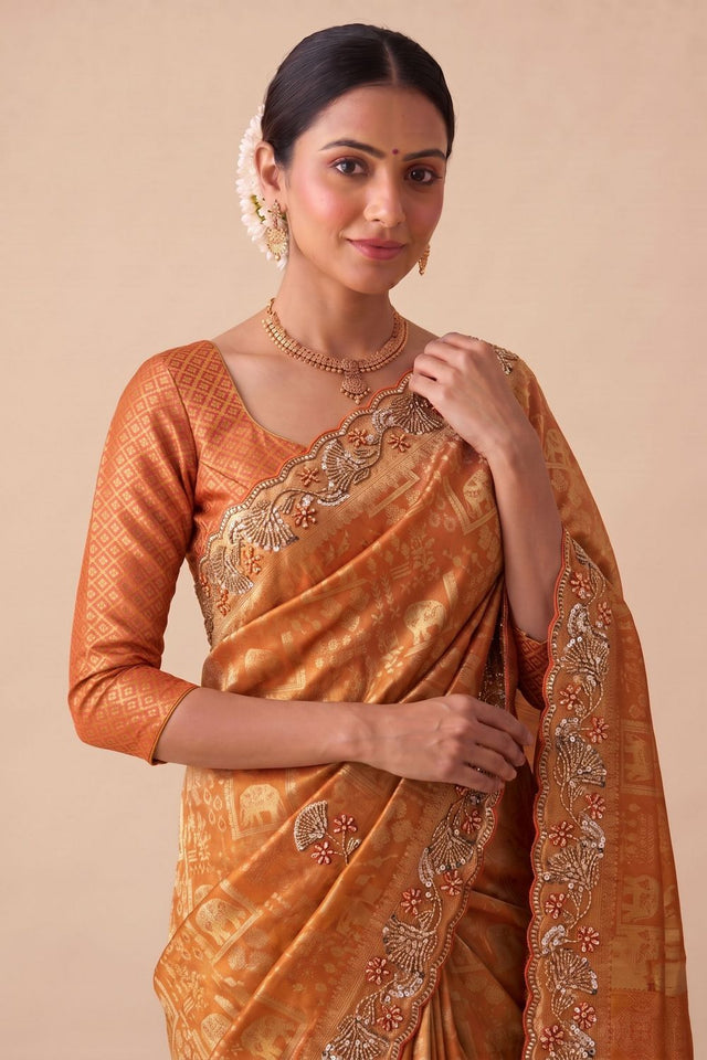 Rust Woven Banarasi Silk Saree (ACA9396)