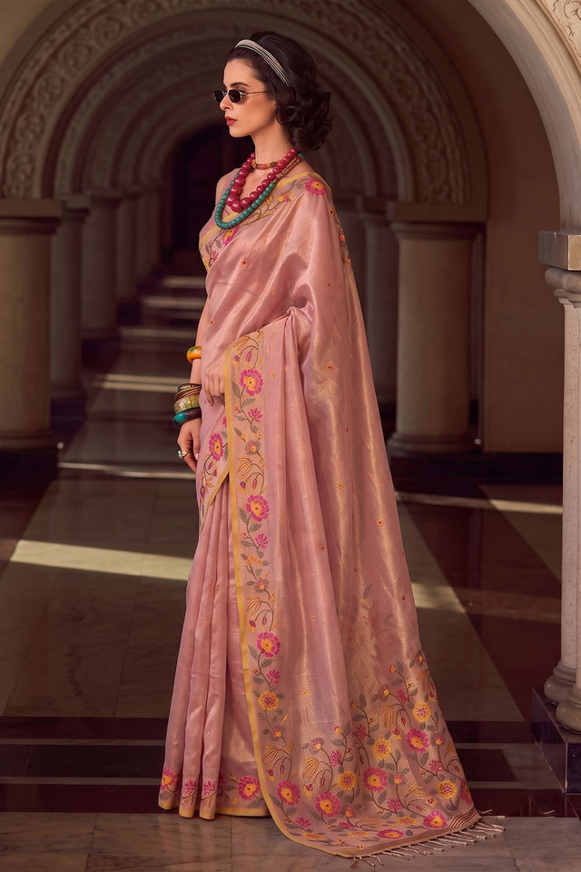Pink Floral Embroidered Silk Blend Saree (ACA9405)