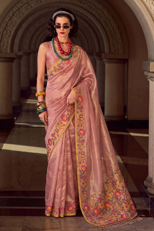Pink Floral Embroidered Silk Blend Saree (ACA9405)