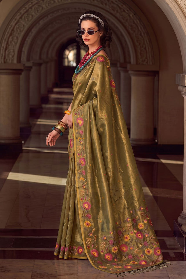 Mehendi Floral Embroidered Silk Blend Saree (ACA9406)
