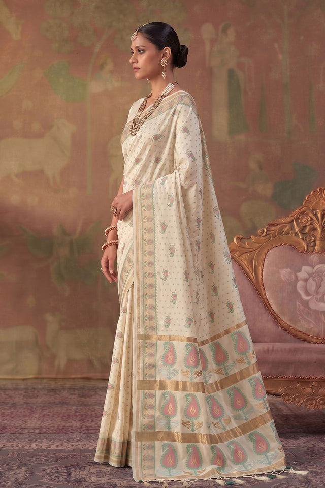 Cream Woven Soft Silk Saree (ACA9407)