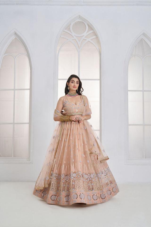 Peach Embroidered Net Lehenga (ACA9419)