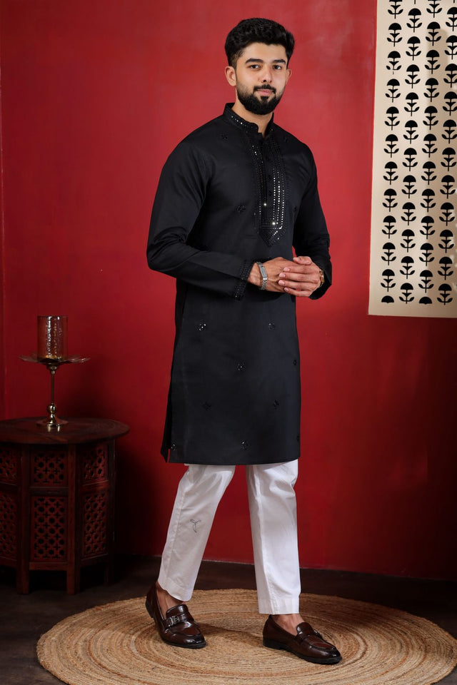 Mens Black Embroidered Cotton Kurta Set (ACA9423)