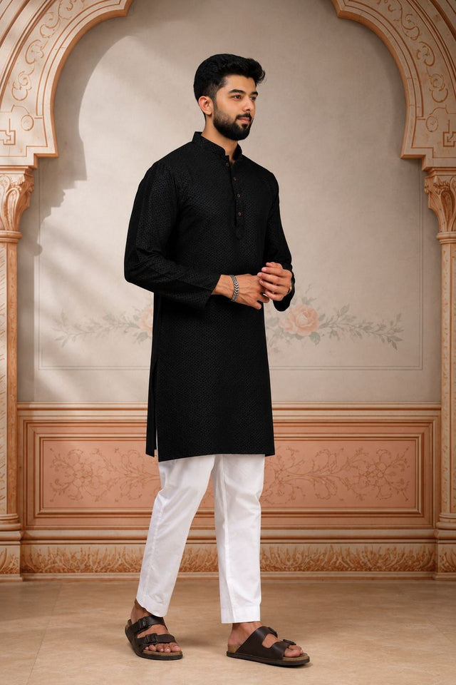 Mens Black Woven Cotton Kurta Set (ACA9431)