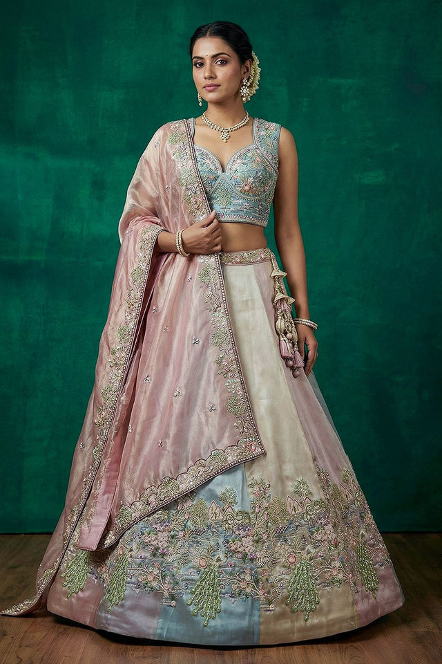 Multi Color Floral Embroidered Organza Lehenga (ACA9437)