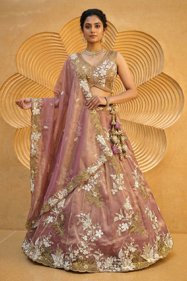 Pink Floral Embroidered Tissue Lehenga (ACA9439)