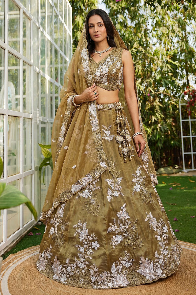 Yellow Floral Embroidered Tissue Lehenga (ACA9441)