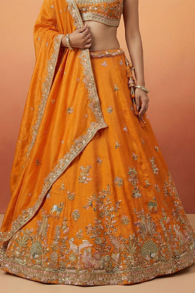Orange Floral Embroidered Tissue Lehenga (ACA9442)