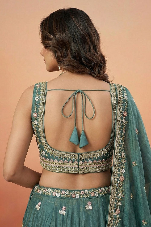 Turquoise Floral Embroidered Tissue Lehenga (ACA9443)