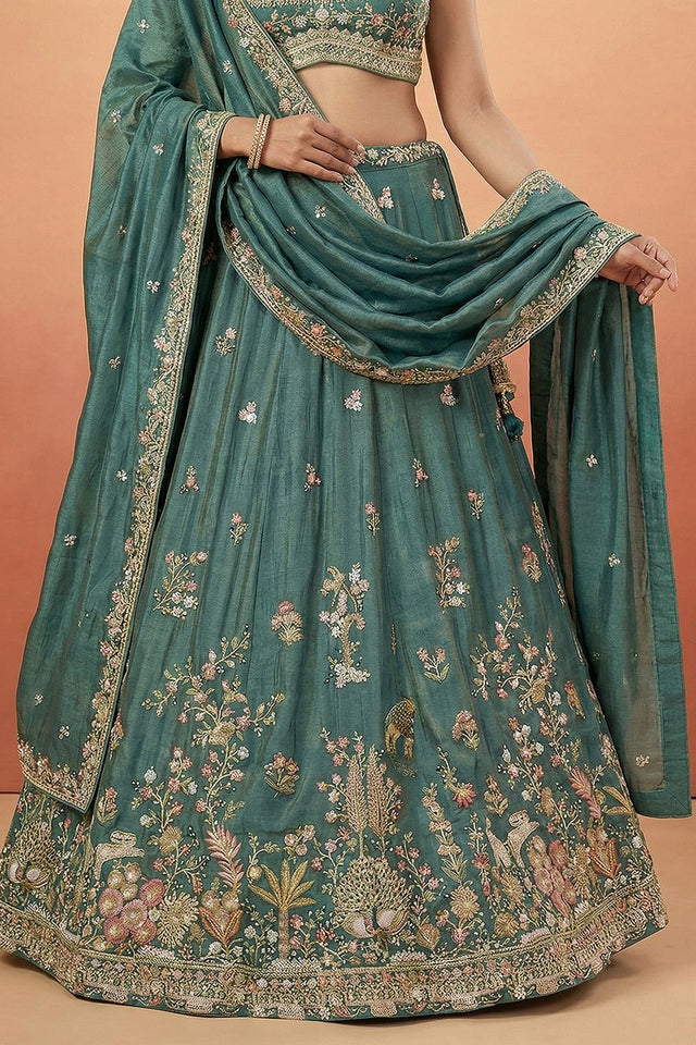 Turquoise Floral Embroidered Tissue Lehenga (ACA9443)