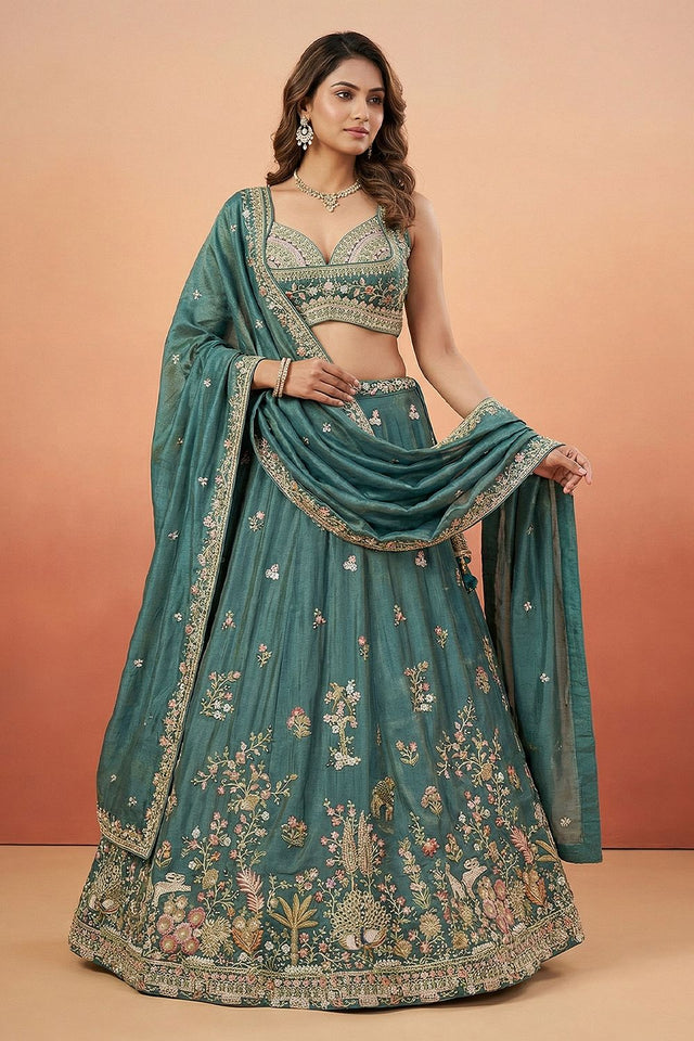 Turquoise Floral Embroidered Tissue Lehenga (ACA9443)