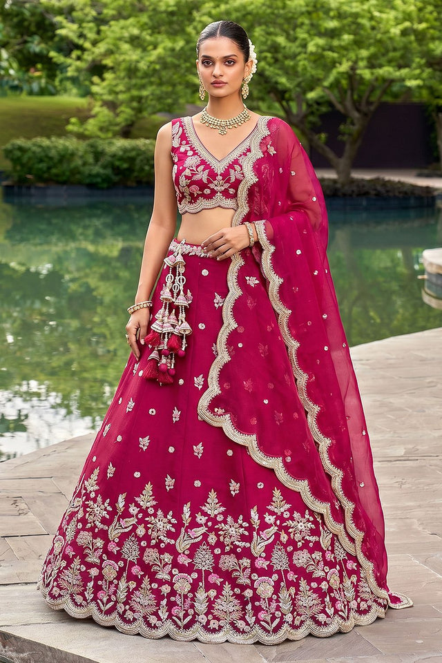 Red Floral Embroidered Tissue Lehenga (ACA9445)