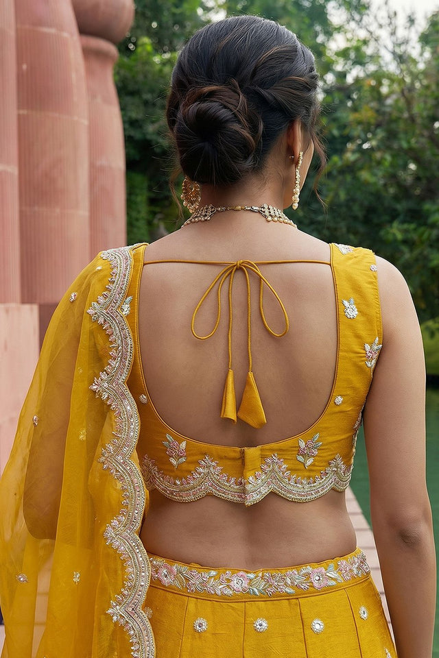 Yellow Floral Embroidered Tissue Lehenga (ACA9447)