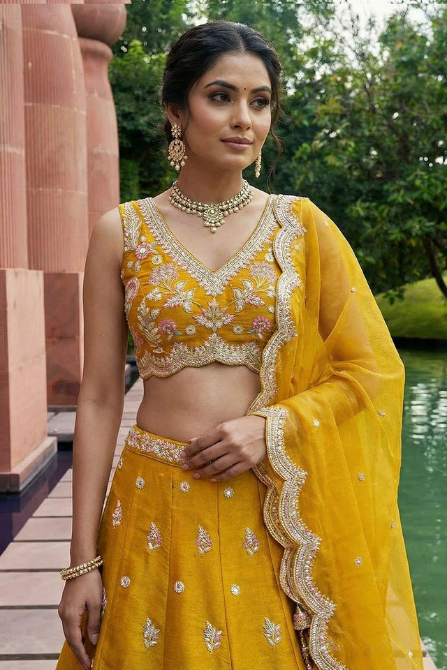 Yellow Floral Embroidered Tissue Lehenga (ACA9447)