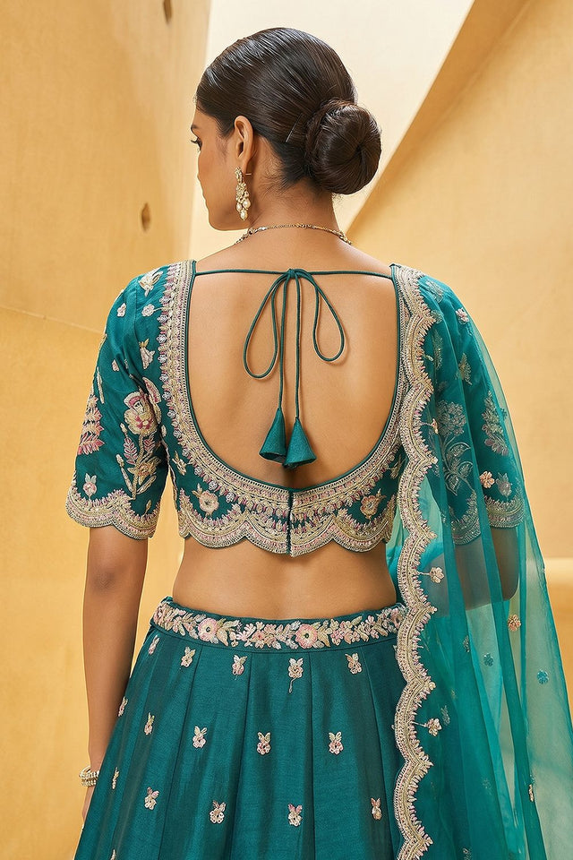 Turquoise Floral Embroidered Tissue Lehenga (ACA9448)