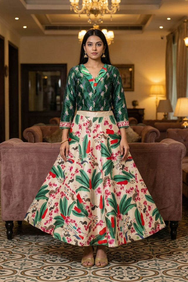 Cream Floral Printed Satin Lehenga (ACA9454)