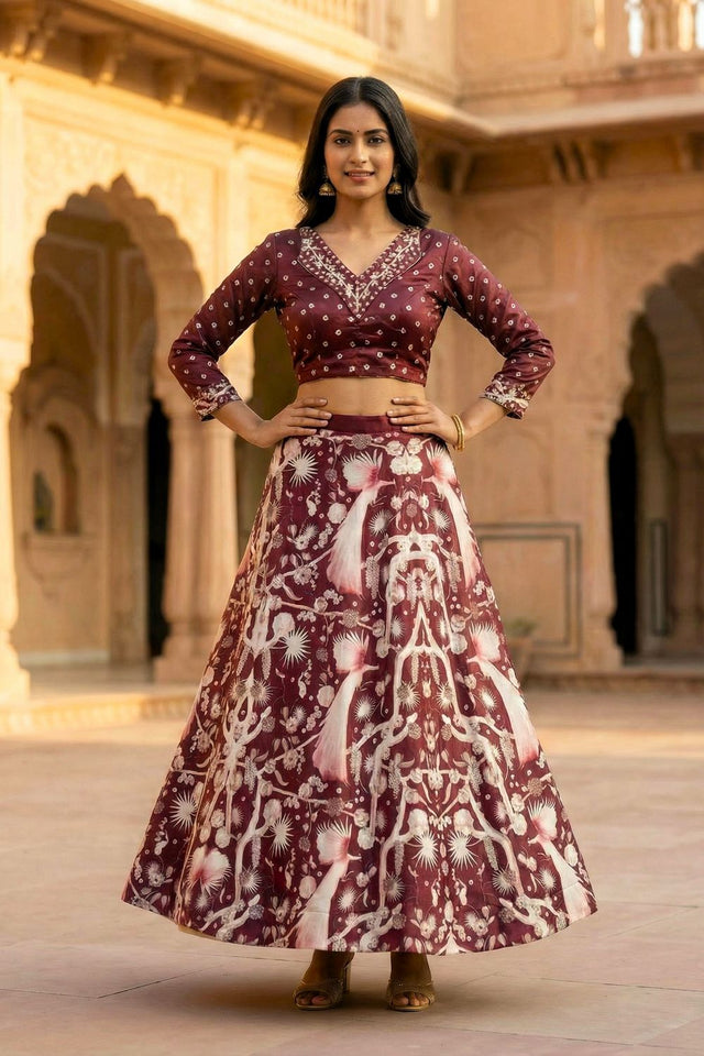 Maroon Floral Printed Satin Lehenga (ACA9455)