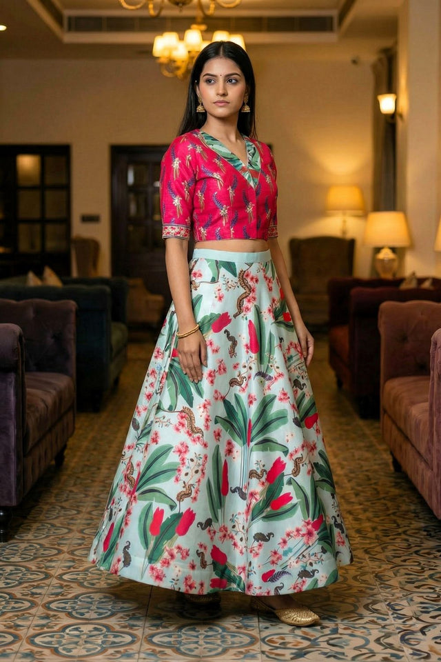 Sea Green Floral Printed Satin Lehenga (ACA9456)