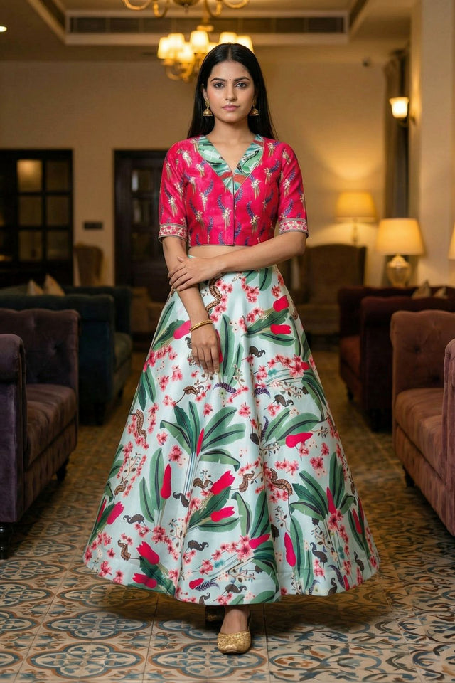Sea Green Floral Printed Satin Lehenga (ACA9456)