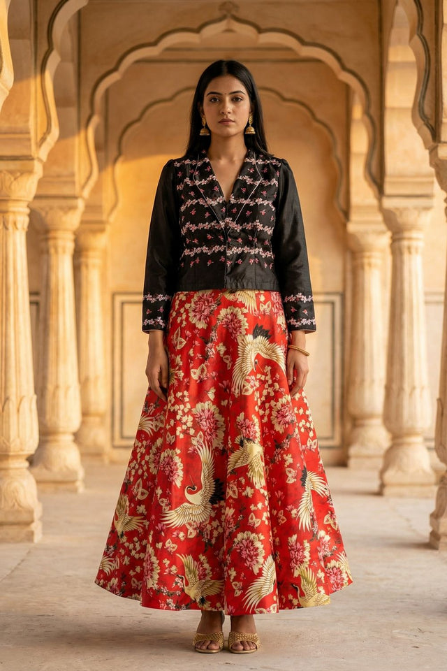 Red Floral Printed Satin Lehenga (ACA9458)