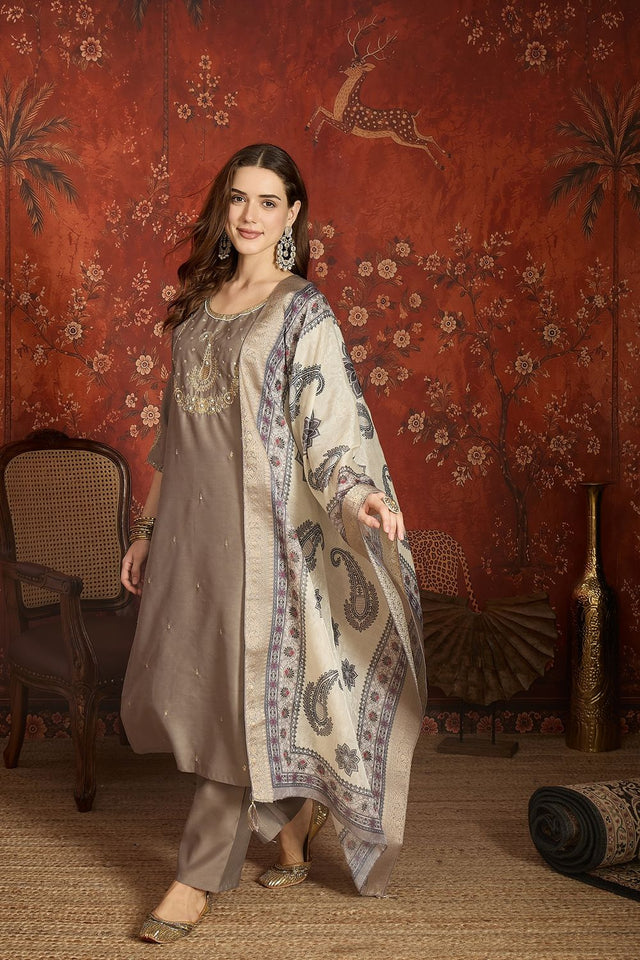 Grey Floral Embroidered Silk Straight Cut Suit (ACA9460)