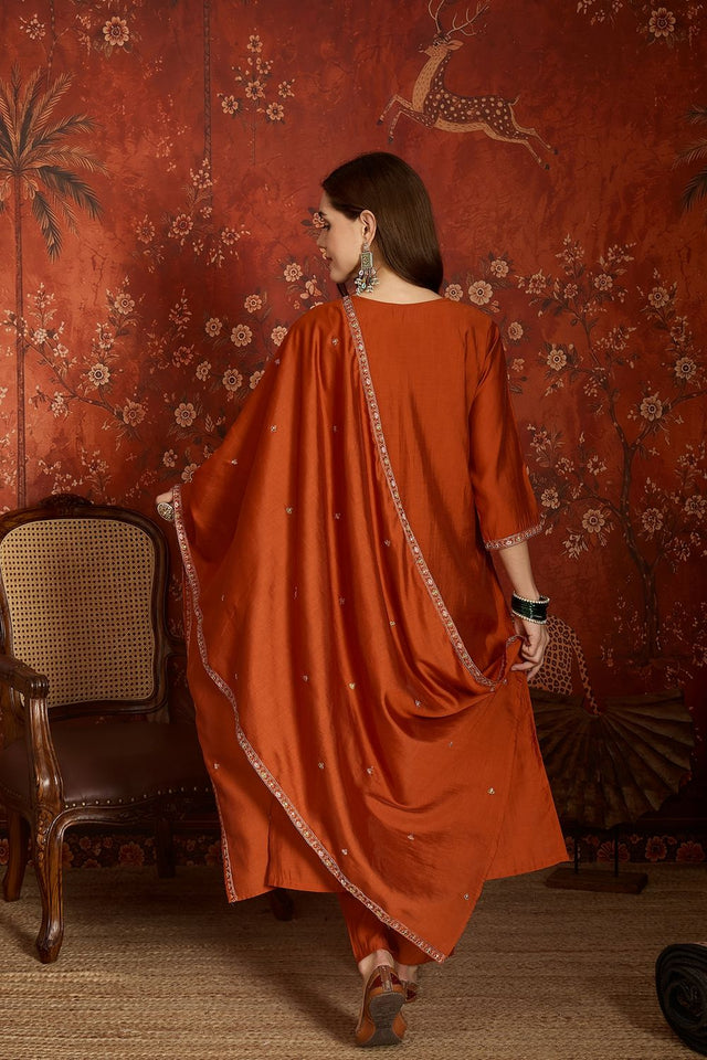 Orange Embroidered Silk Kurti Palazzo Set (ACA9462)