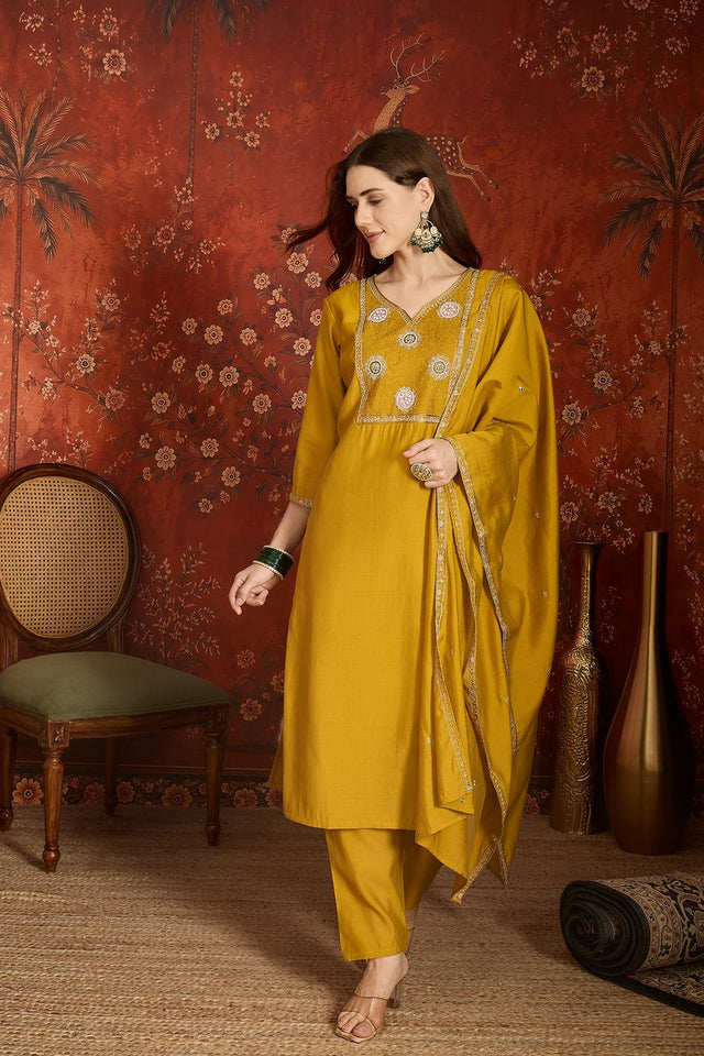 Mustard Embroidered Silk Kurti Palazzo Set (ACA9463)