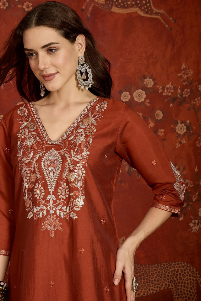 Rust Embroidered Silk Kurti Palazzo Set (ACA9464)