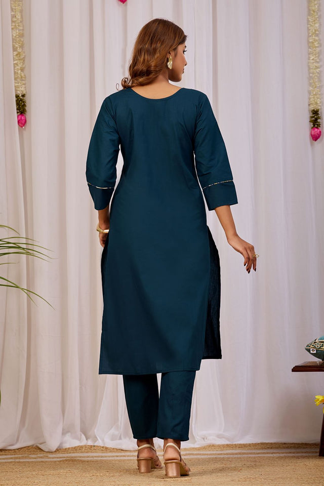Turquoise Floral Printed Cotton Kurti Palazzo Set (ACA9465)