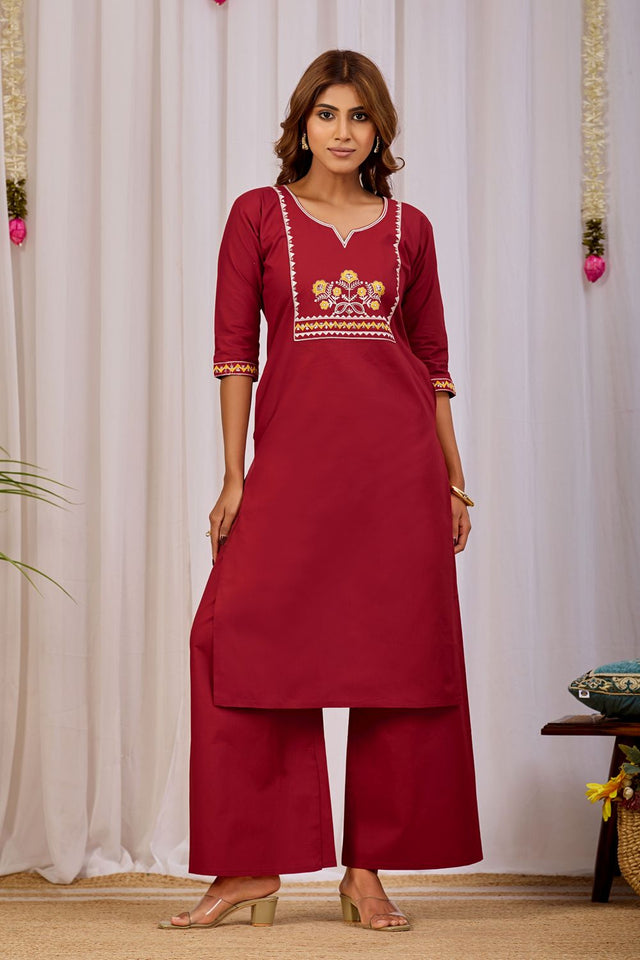 Maroon Floral Printed Cotton Kurti Palazzo Set (ACA9466)