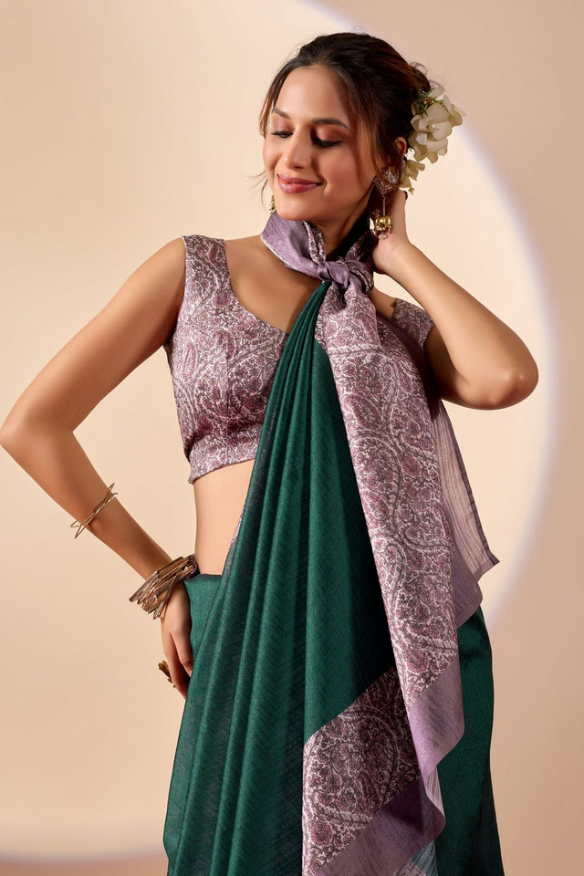 Turquoise Printed Silk Ready to Wear Saree (ACA9477)
