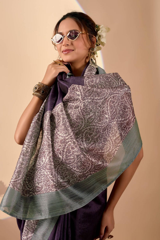 Purple Printed Silk Ready to Wear Saree (ACA9478)