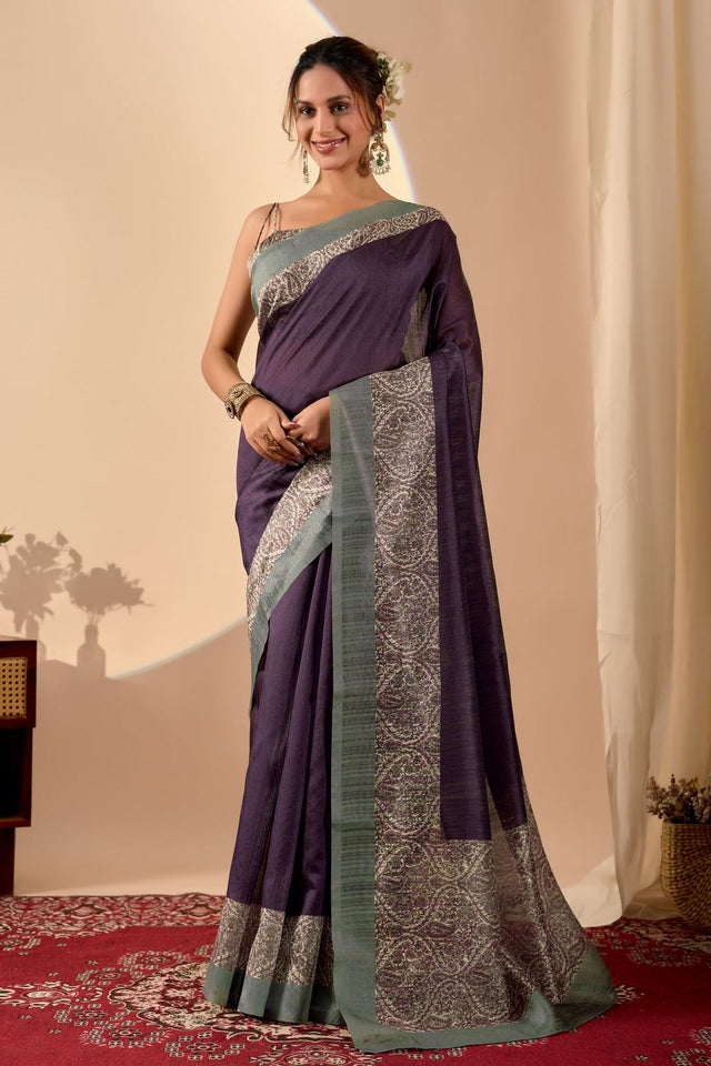 Purple Printed Silk Ready to Wear Saree (ACA9478)