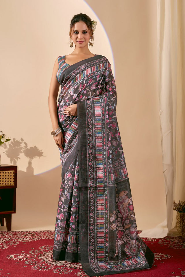 Black Floral Printed Silk Ready to Wear Saree (ACA9479)